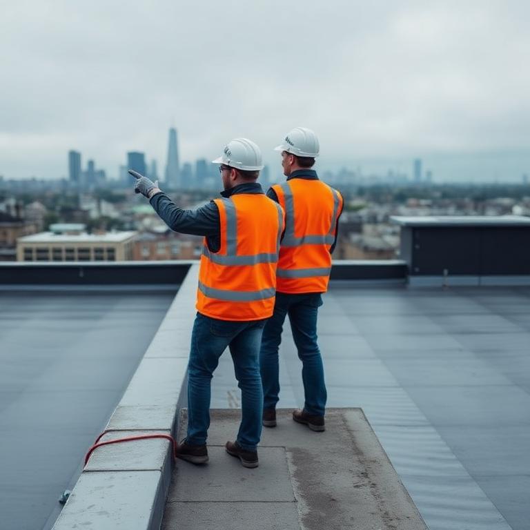 Two roofers conducting a roof survey on a commercial building