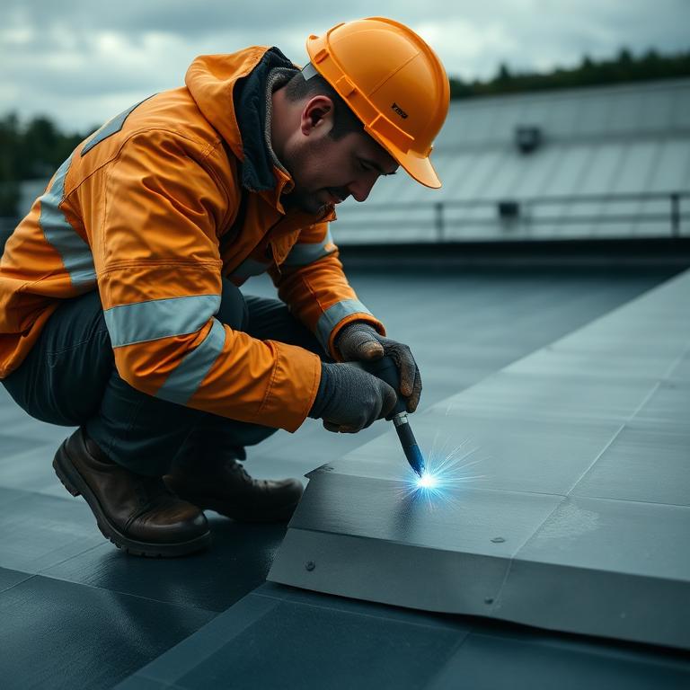 Roofer heat-welding a membrane seam on a commercial flat roof